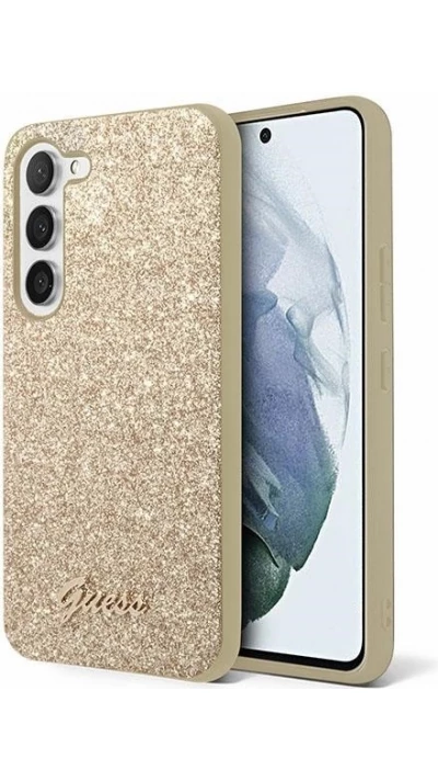 Coque Samsung Galaxy S24 Ultra - Guess paillettes or avec logo en m&eacute;tal dor&eacute; - Or