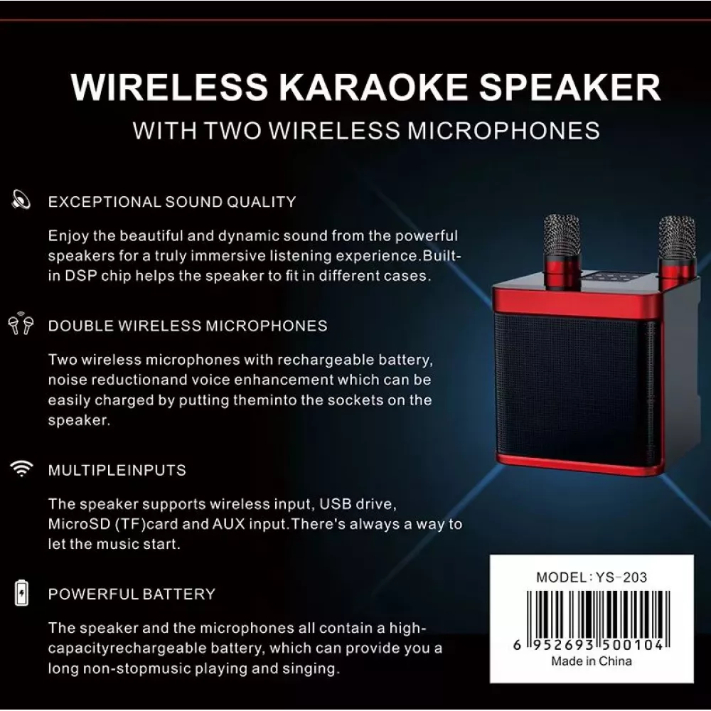 Haut-parleur enceinte karaoké YS-203 Bluetooth wireless + 2 microphones sans fil - Noir
