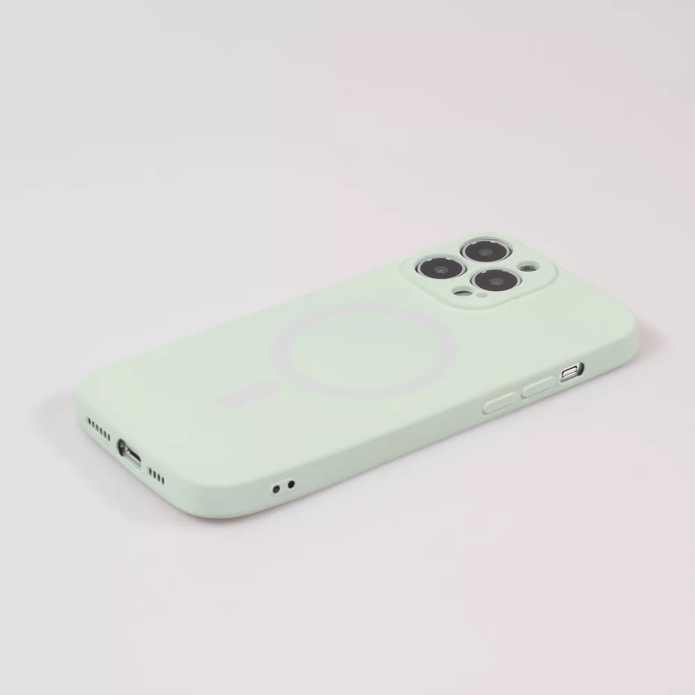 Housse iPhone 15 - Coque en silicone souple avec MagSafe et protection pour caméra - Vert clair