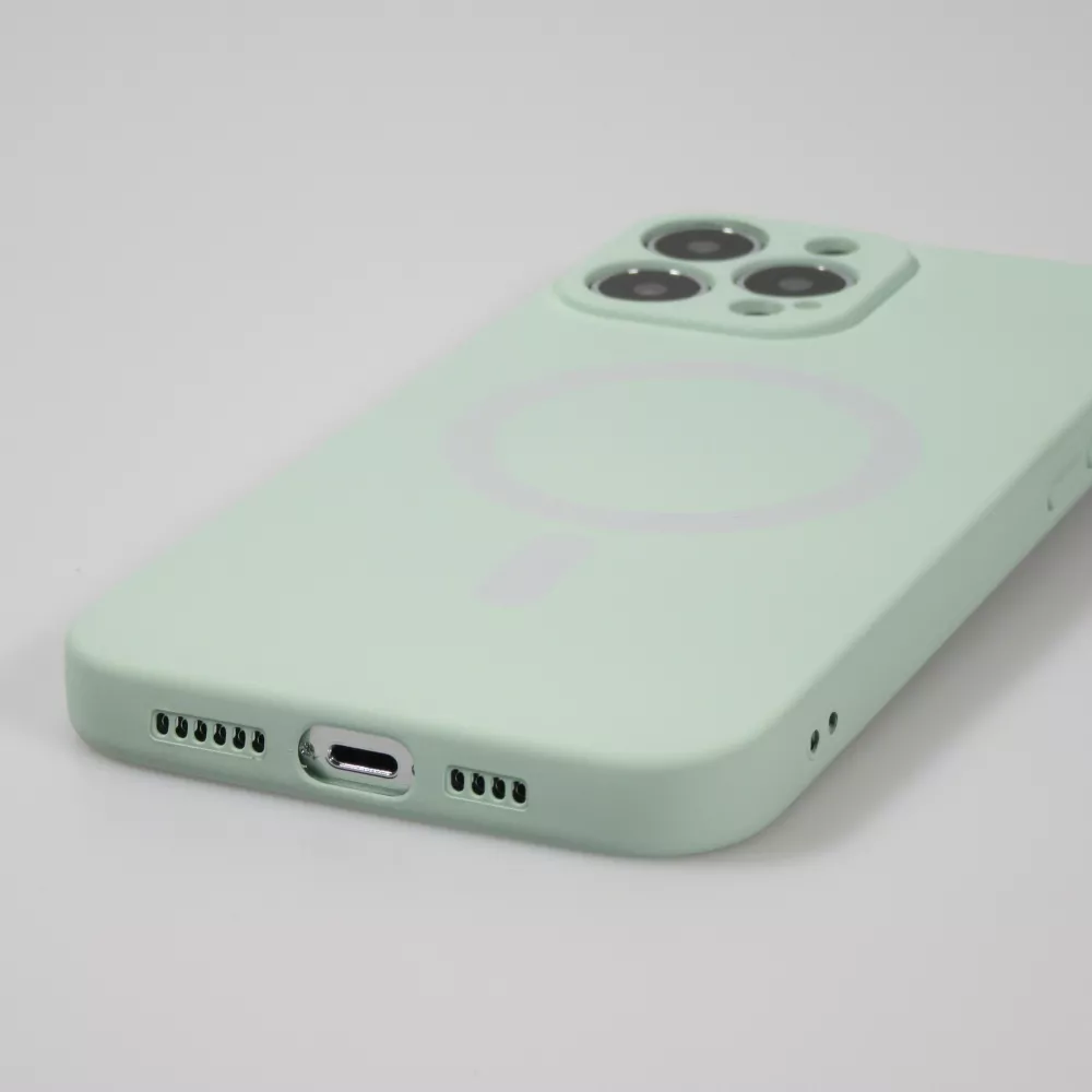 Housse iPhone 15 - Coque en silicone souple avec MagSafe et protection pour caméra - Vert clair