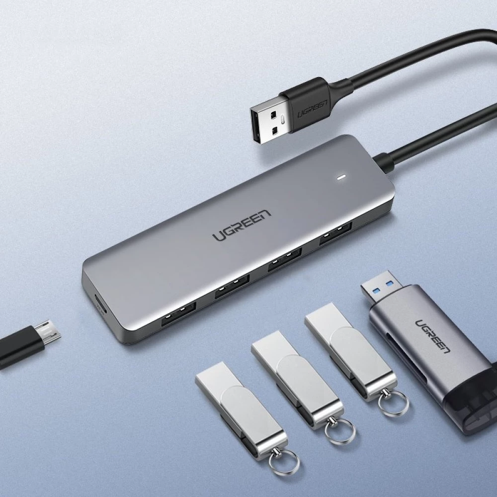 Hub USB Ugreen 4x USB3.2 haute performance transfert rapide 5Gbps avec connecteur d'alimentation micro USB - Gris