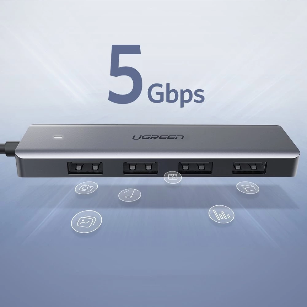 Hub USB Ugreen 4x USB3.2 haute performance transfert rapide 5Gbps avec connecteur d'alimentation micro USB - Gris