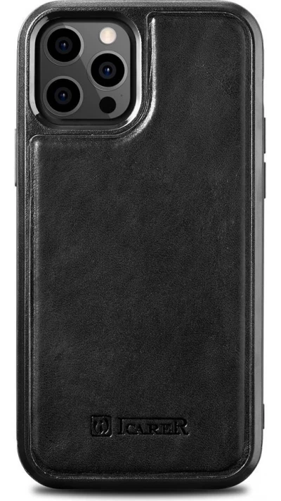 Coque iPhone 12 Pro Max - ICARER cuir v&eacute;ritable Oil Wax Premium - Noir