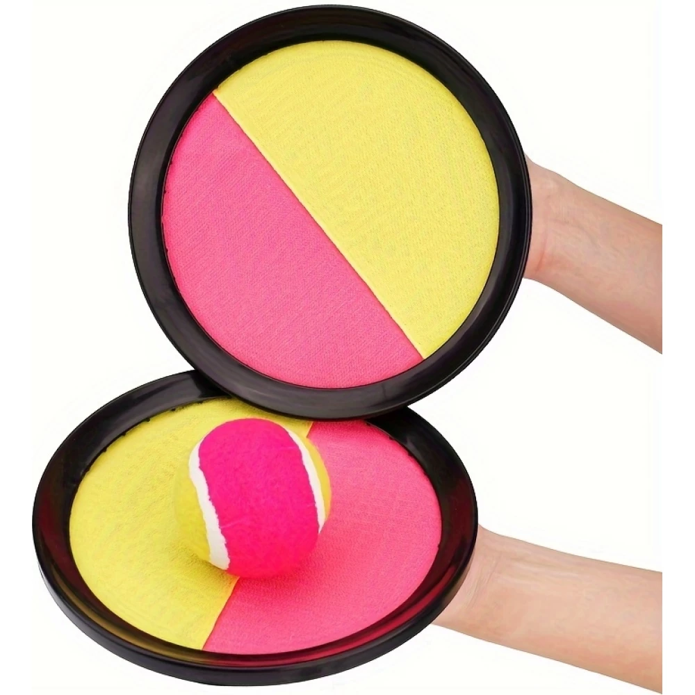 Jeu disques adh&eacute;sifs velcro avec balle &agrave; attraper pour enfants et adultes (set de 2 disques et 1 balle) - Rose/jaune