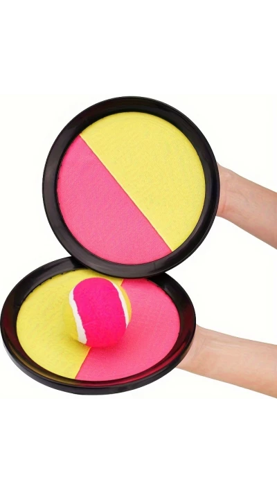 Jeu disques adh&eacute;sifs velcro avec balle &agrave; attraper pour enfants et adultes (set de 2 disques et 1 balle) - Rose/jaune
