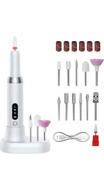 Kit de manucure électrique rechargeable USB-C avec vitesse réglable et accessoires professionnels - Blanc