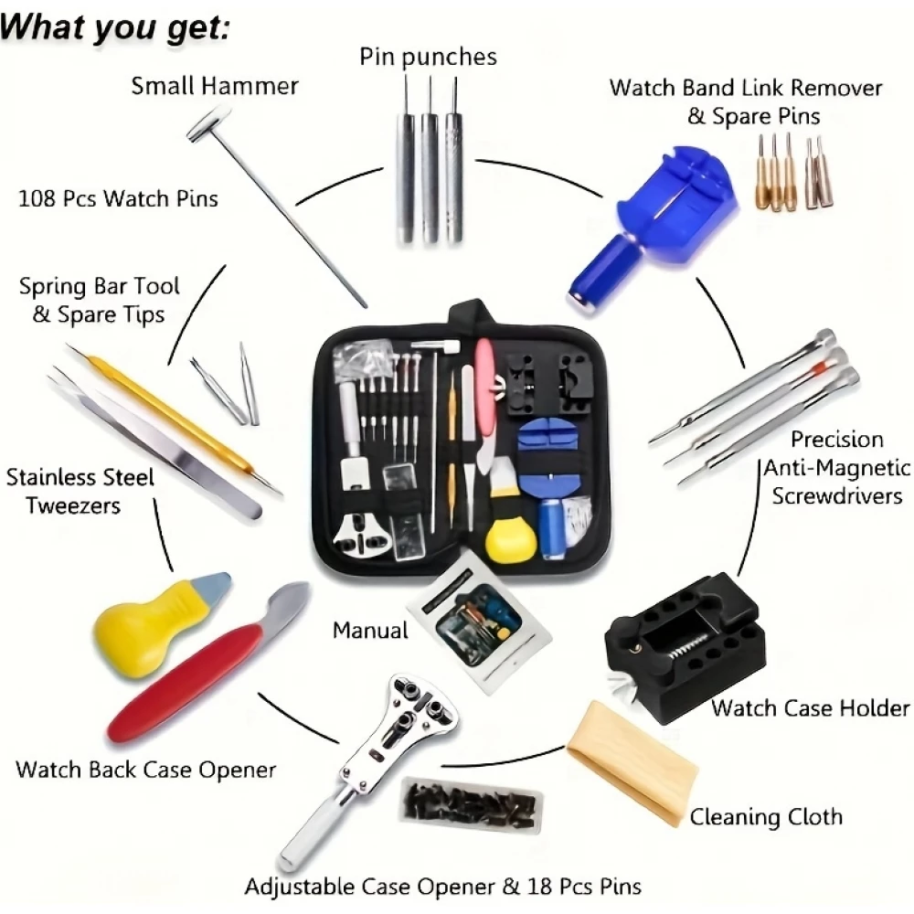 Kit outils r&eacute;paration montre (147 pi&egrave;ces) set d'horloger complet - Noir