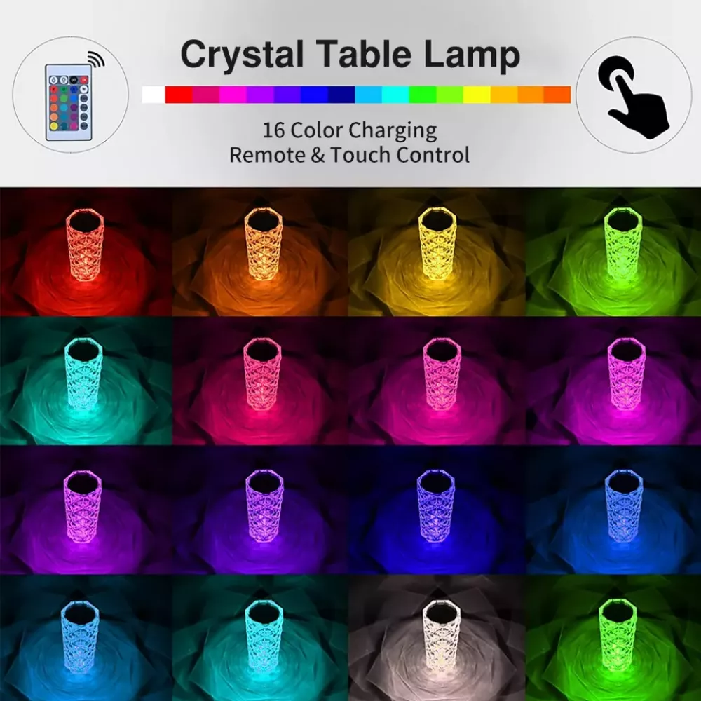 Lampe d’ambiance tactile portable sans fil effet cristal LED multicolore 16 couleurs - Grande taille (21,5 cm)