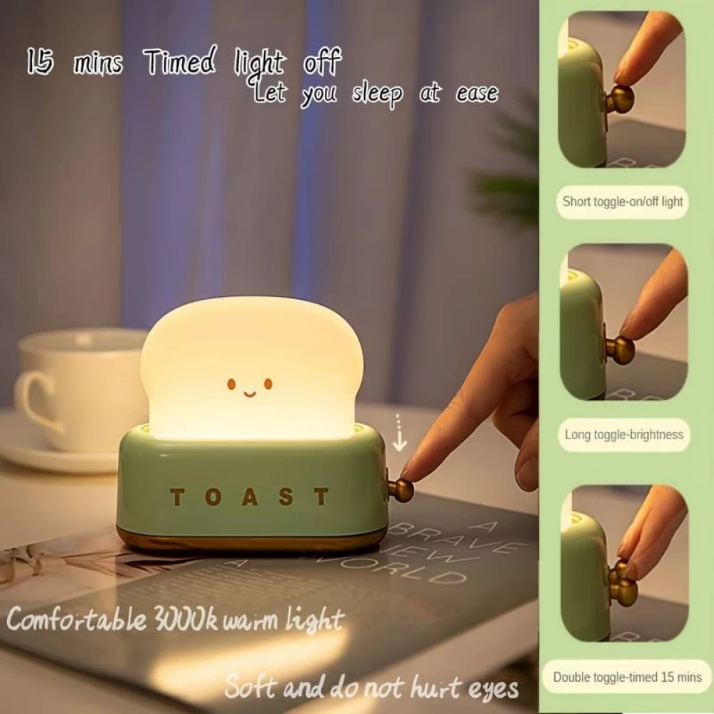 LED-Tischlampe in Form eines niedlichen Toasters Nachtlicht f&uuml;r Kinder USB-C - Gr&uuml;n