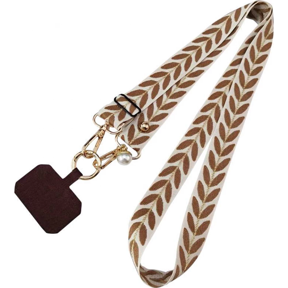 Lanière universelle de téléphone élégante et ajustable en tissu avec fausse perle - Brun