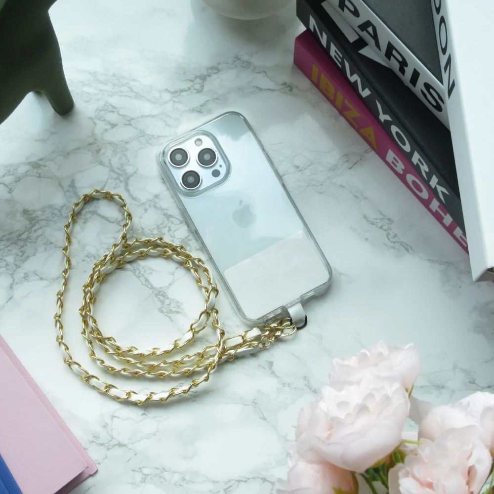 Elegante und raffinierte universelle Smartphone-Schlaufe/Schnalle aus Kunstleder und Metall - Weiss