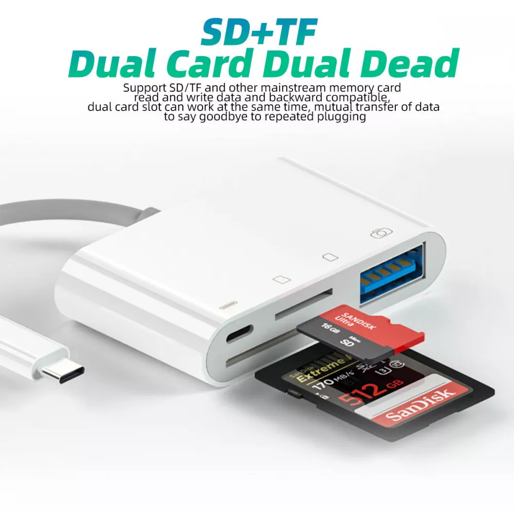 Lecteur USB-C vers cartes mémoire SD & Micro-SD et USB (4 en 1) pour MacBook & iPad - Blanc