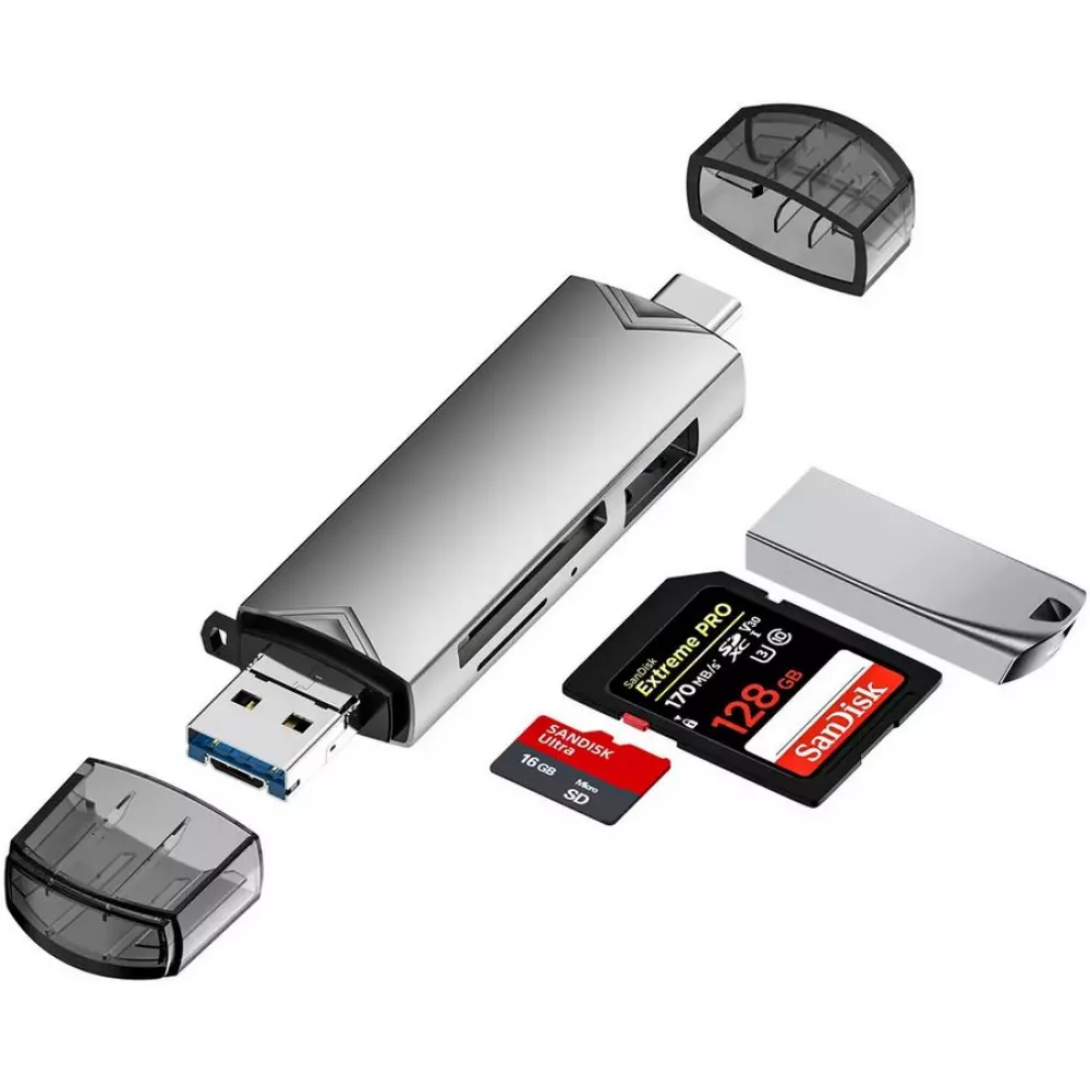 Stick USB lecteur de cartes mémoire SD et Micro SD multifonction avec port USB-A 3.0 et USB-C - Argent