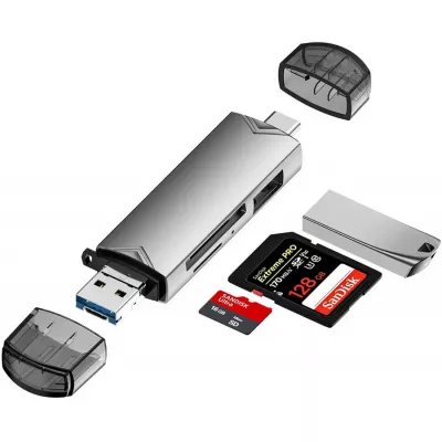Stick USB lecteur de cartes mémoire SD et Micro SD multifonction avec port USB-A 3.0 et USB-C - Argent