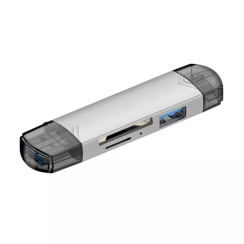 Stick USB lecteur de cartes mémoire SD et Micro SD multifonction avec port USB-A 3.0 et USB-C - Argent