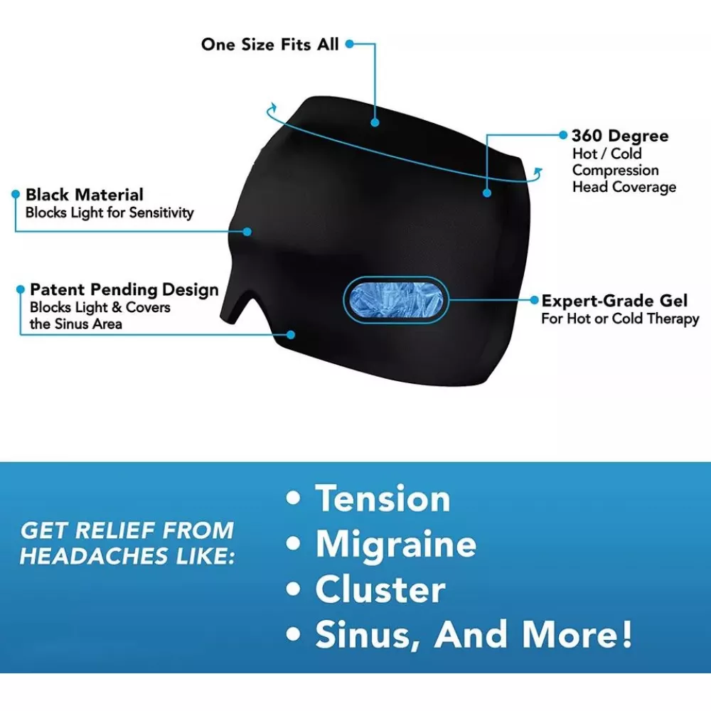 Masque / bonnet universel anti-migraine thérapie froid et chaud pour adulte - Noir