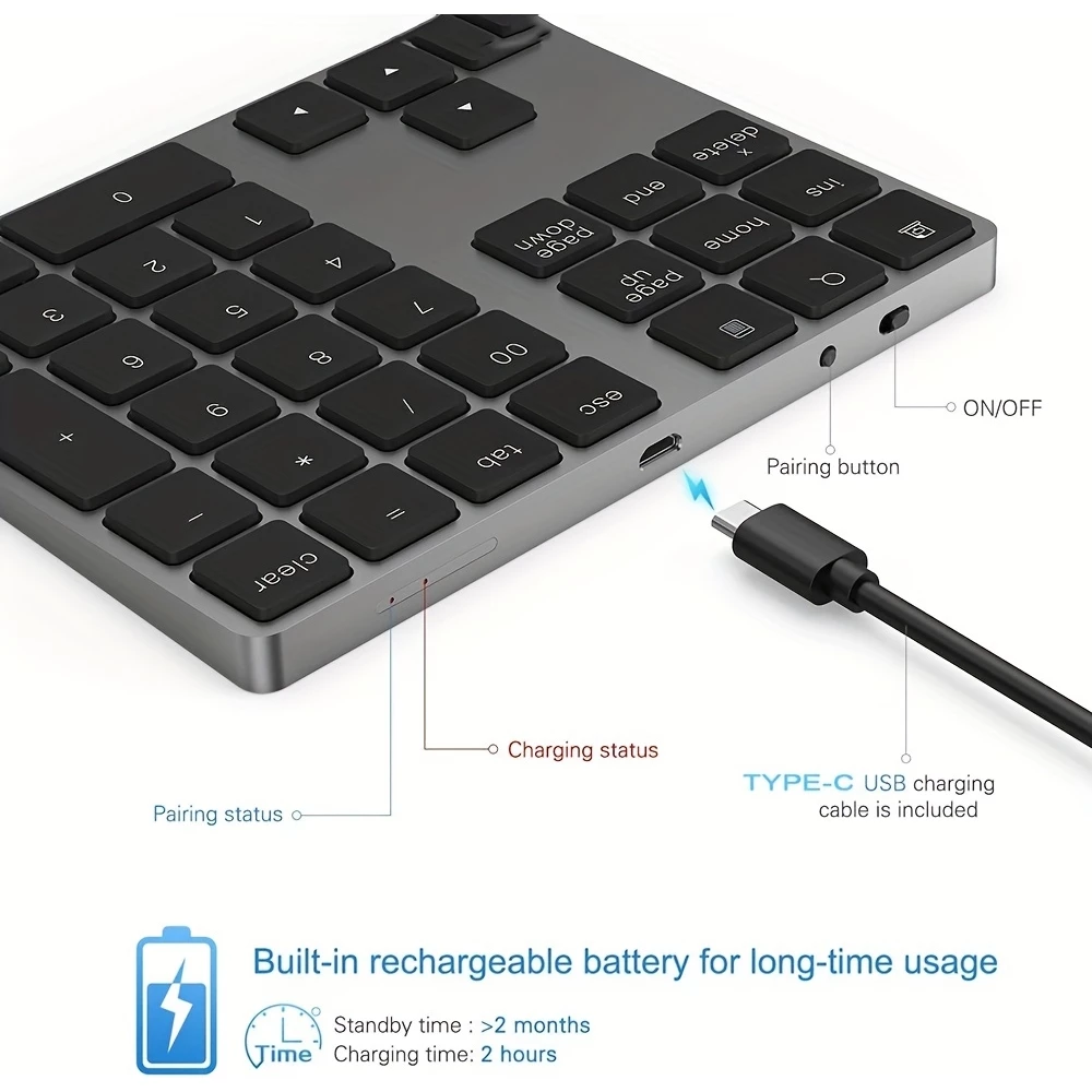 Kabelloses Bluetooth Mini-Ziffernblock tragbar wiederaufladbar kompakt MacBook-Design - Schwarz