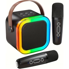 Mini enceinte &agrave; karaok&eacute; sans fil Bluetooth avec microphone et lumi&egrave;res LED (avec 2 micros) - Noir