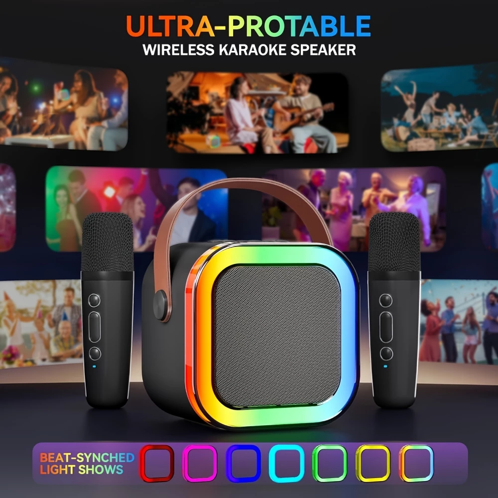Mini enceinte &agrave; karaok&eacute; sans fil Bluetooth avec microphone et lumi&egrave;res LED (avec 2 micros) - Noir