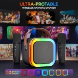 Mini enceinte &agrave; karaok&eacute; sans fil Bluetooth avec microphone et lumi&egrave;res LED (avec 2 micros) - Noir