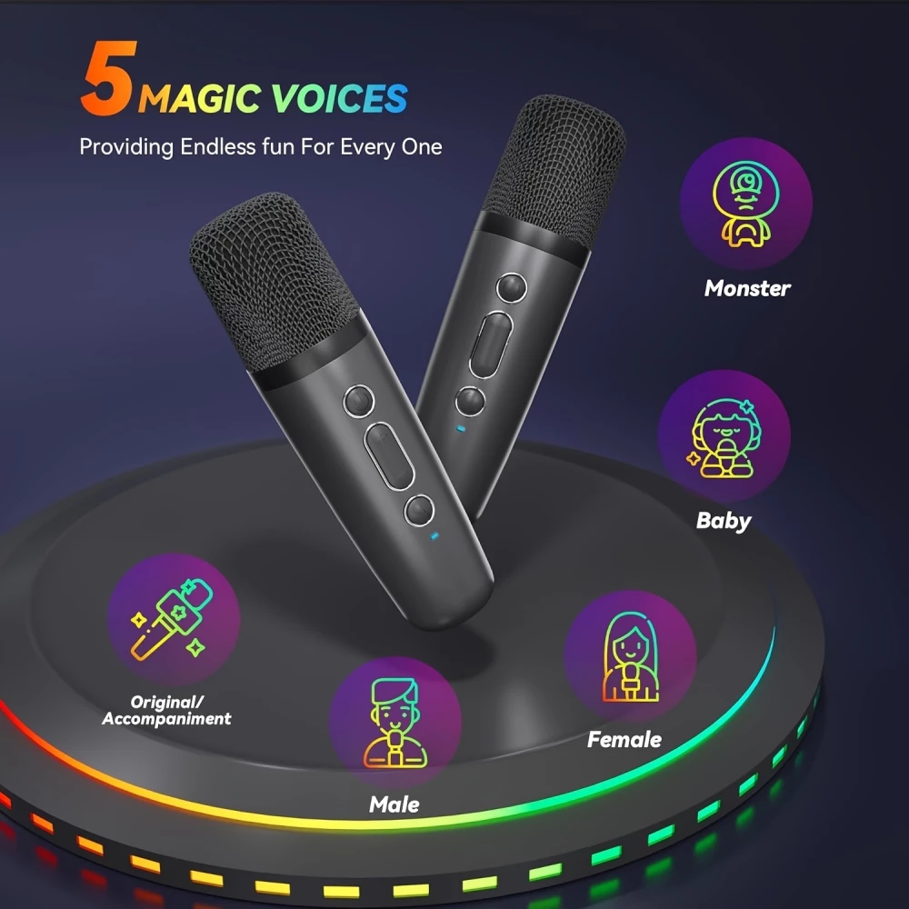 Mini enceinte &agrave; karaok&eacute; sans fil Bluetooth avec microphone et lumi&egrave;res LED (avec 2 micros) - Noir