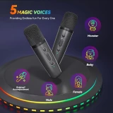 Mini enceinte &agrave; karaok&eacute; sans fil Bluetooth avec microphone et lumi&egrave;res LED (avec 2 micros) - Noir