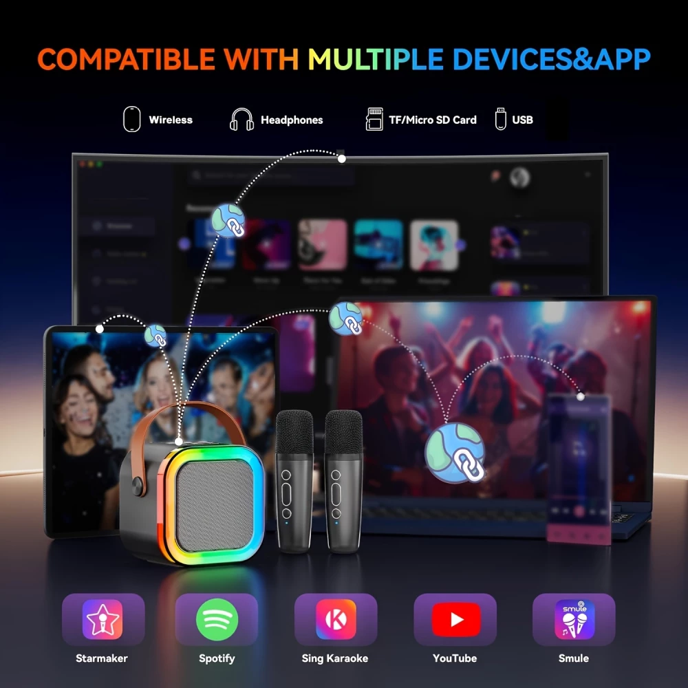 Mini enceinte &agrave; karaok&eacute; sans fil Bluetooth avec microphone et lumi&egrave;res LED (avec 2 micros) - Noir