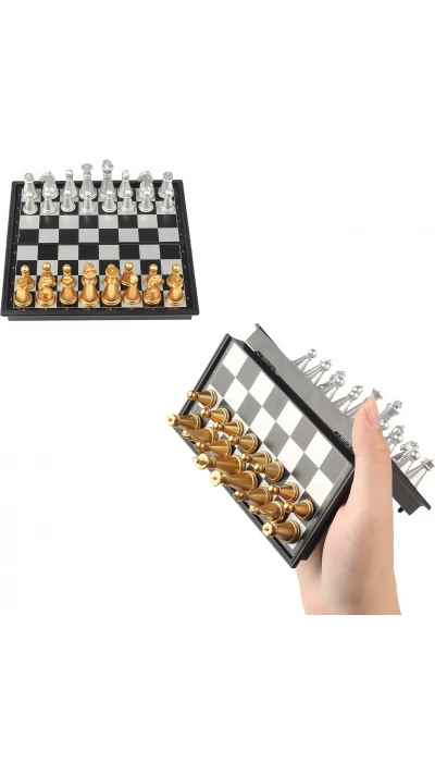 Mini jeu d'&eacute;checs magn&eacute;tique pliable portable (12 cm) id&eacute;al pour les voyages avec pi&egrave;ces dor&eacute;es et argent&eacute;es