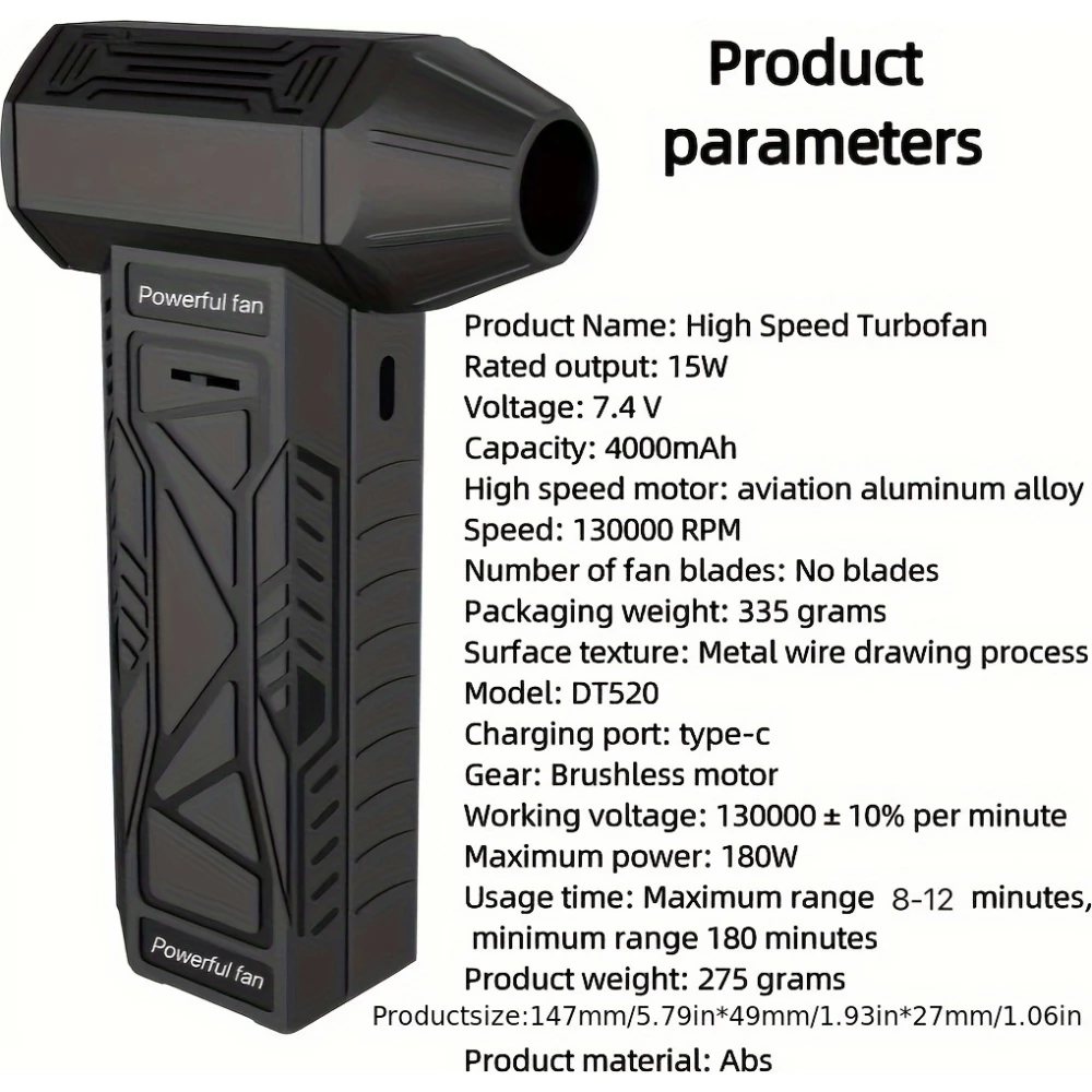 Mini souffleur haute pression - Ventilateur Turbo Portable (130000 tours/min) - Noir