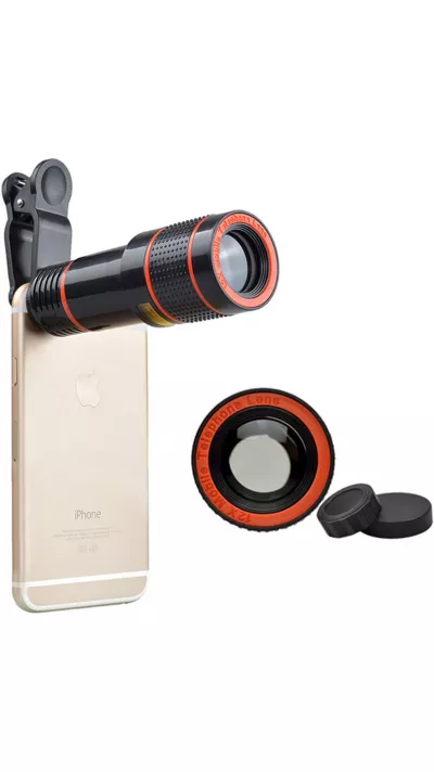 Clip télescopique pour objectif d'appareil photo de smartphone - Zoom optique 12x - Noir