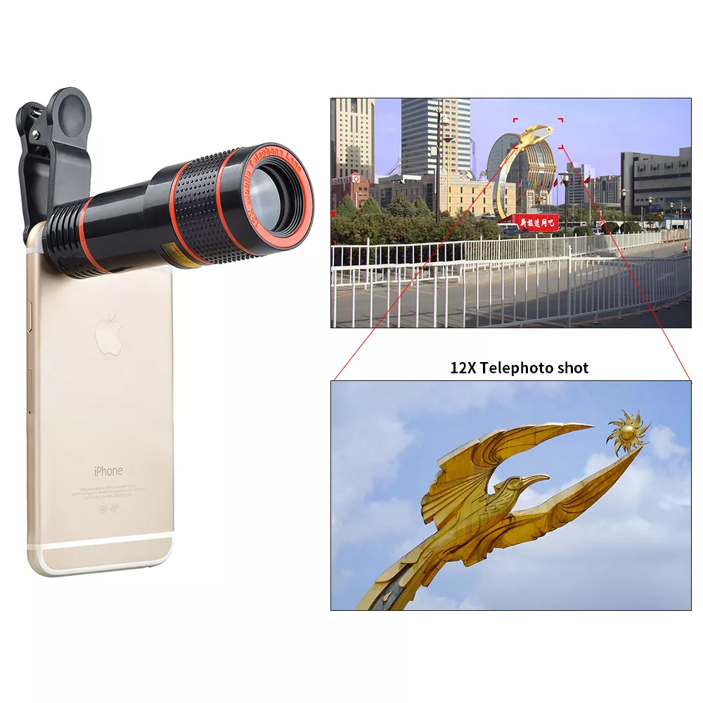Clip télescopique pour objectif d'appareil photo de smartphone - Zoom optique 12x - Noir