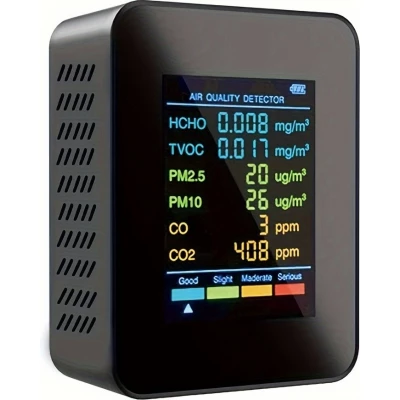 Moniteur de qualité de l'air 6 en 1 CO2/CO/PM2.5/PM10/HCHO/TVOC avec affichage LCD large - Noir