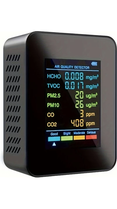 Moniteur de qualité de l'air 6 en 1 CO2/CO/PM2.5/PM10/HCHO/TVOC avec affichage LCD large - Noir