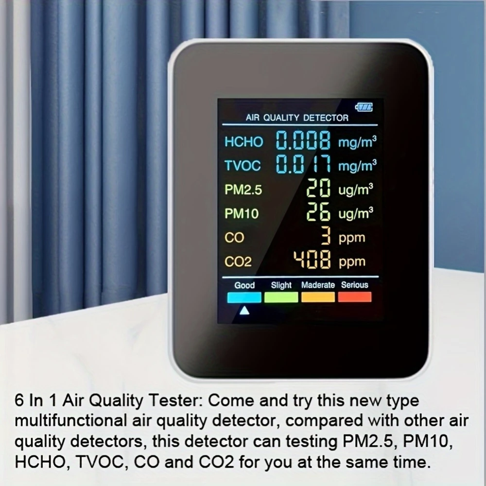 Moniteur de qualité de l'air 6 en 1 CO2/CO/PM2.5/PM10/HCHO/TVOC avec affichage LCD large - Noir