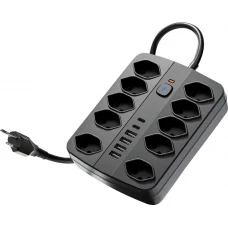 Multiprise 16 en 1 (10 prises AC / 4 ports USB-A / 2 ports USB-C) avec switch On/Off et protection contre surcharge - Noir