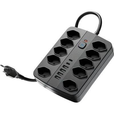Multiprise 16 en 1 (10 prises AC / 4 ports USB-A / 2 ports USB-C) avec switch On/Off et protection contre surcharge - Noir