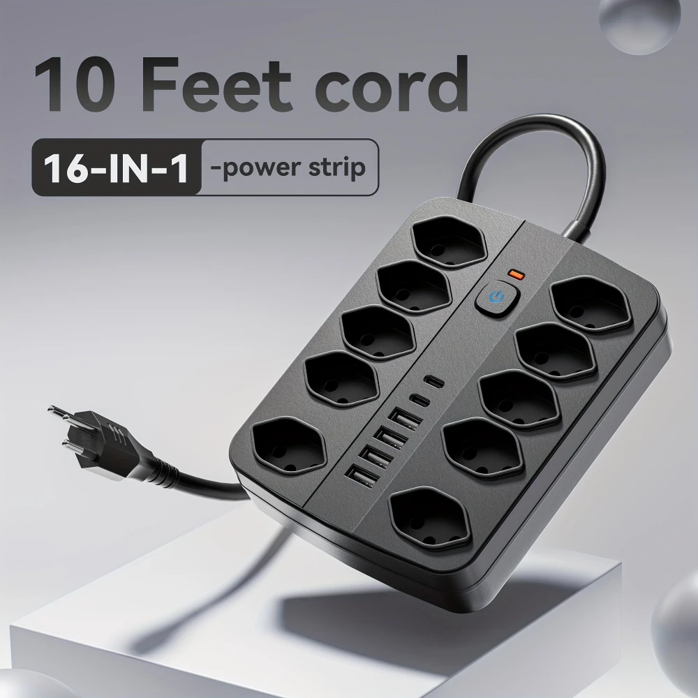 Multiprise 16 en 1 (10 prises AC / 4 ports USB-A / 2 ports USB-C) avec switch On/Off et protection contre surcharge - Noir