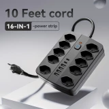 Multiprise 16 en 1 (10 prises AC / 4 ports USB-A / 2 ports USB-C) avec switch On/Off et protection contre surcharge - Noir
