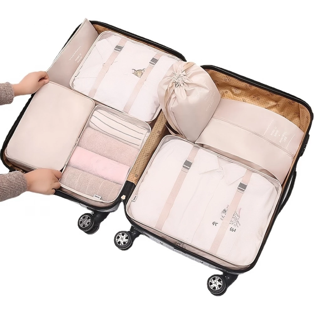 Organisateur de valise 7 pi&egrave;ces compartiments pour v&ecirc;tements et sous-v&ecirc;tements - Beige