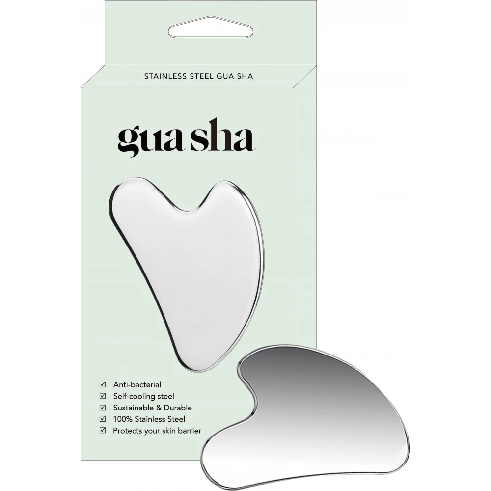 Outil de massage facial gua sha en acier inoxydable premium avec bo&icirc;te cadeau &eacute;l&eacute;gante - Argent