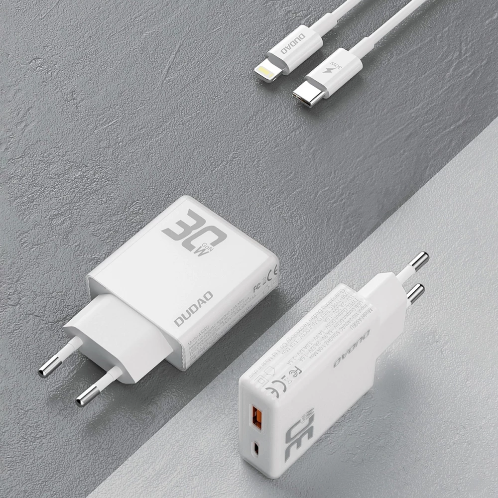 Pack chargeur mural 30W USB-A / USB-C GaN Dudao A30EUT avec câble USB-C vers Lightning iPhone - Blanc