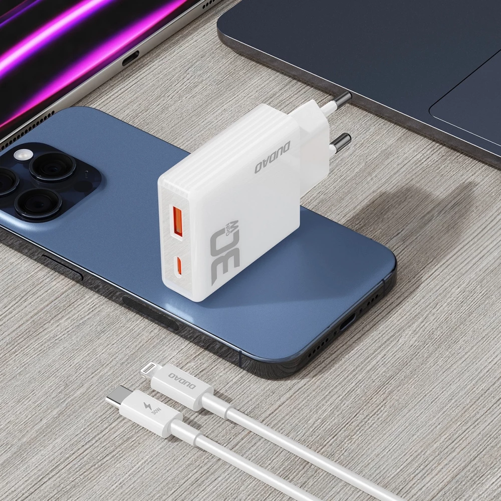 Pack chargeur mural 30W USB-A / USB-C GaN Dudao A30EUT avec câble USB-C vers Lightning iPhone - Blanc