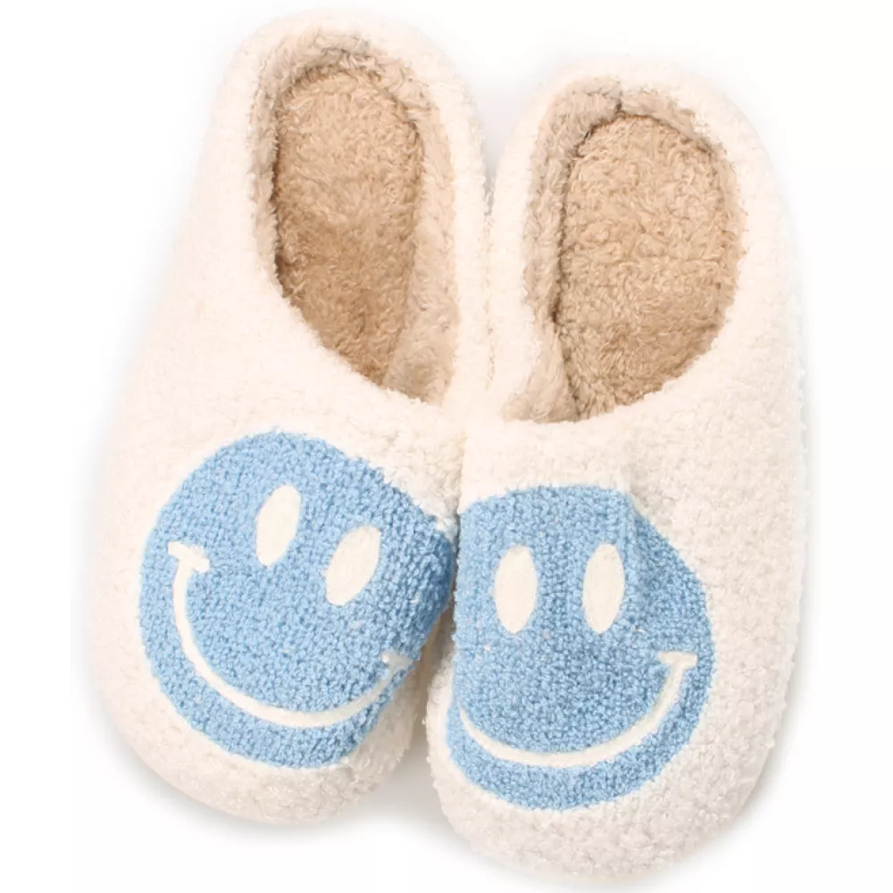 Pantoufles d'hiver douillettes et chaudes Smiley - taille 37-38 - Blanc/bleu
