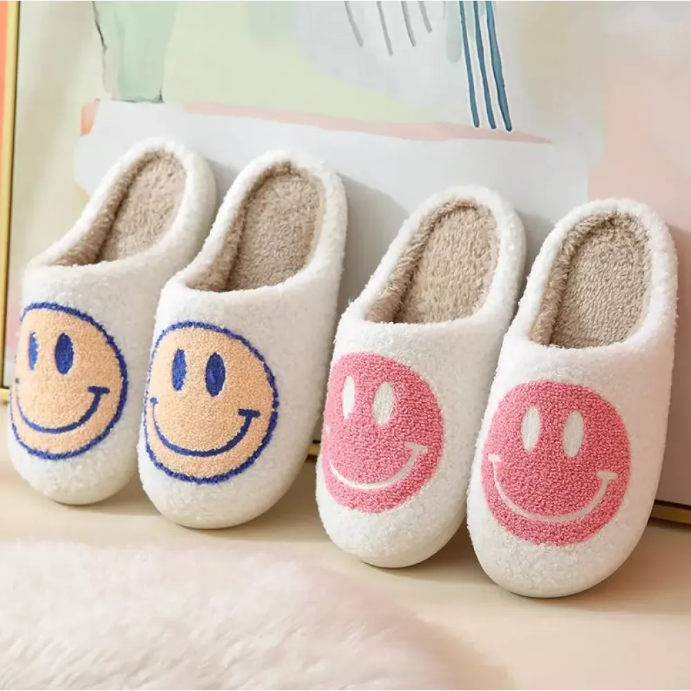 Pantoufles d'hiver douillettes et chaudes Smiley - taille 43-44 - Noir/jaune