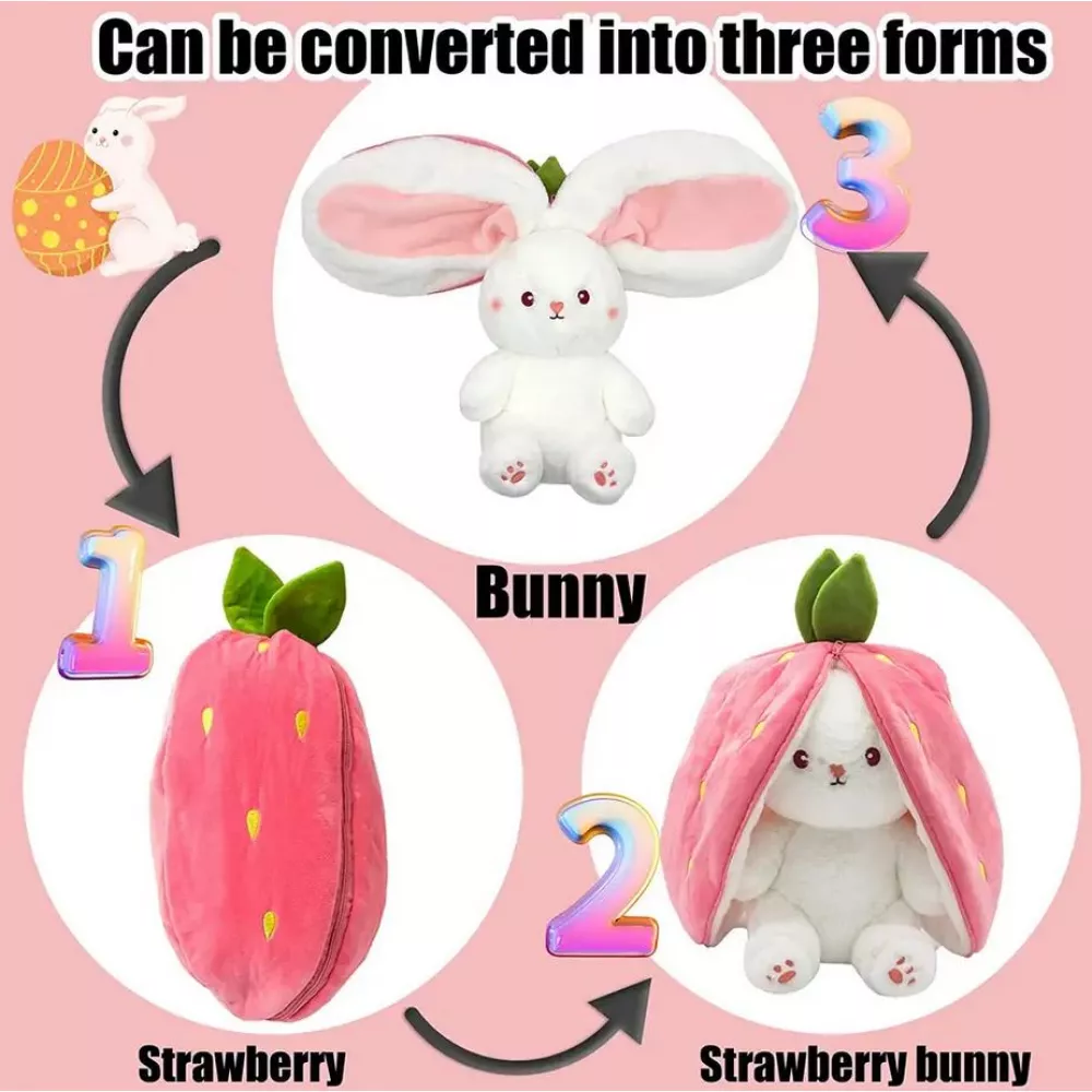 Peluche convertible lapin mignon à fraise fruitée 2 en 1 jouet - Blanc