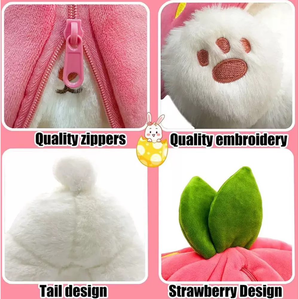 Peluche convertible lapin mignon à fraise fruitée 2 en 1 jouet - Blanc