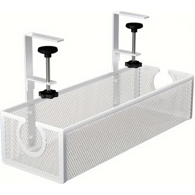 Plateau de gestion de câbles sous-bureau métal sans perçage organisateur moderne - Blanc