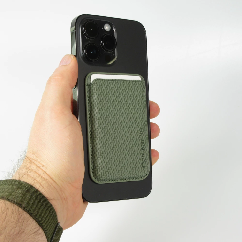 Porte-cartes magnétique wallet effet carbone - Compatible avec Apple MagSafe - Vert