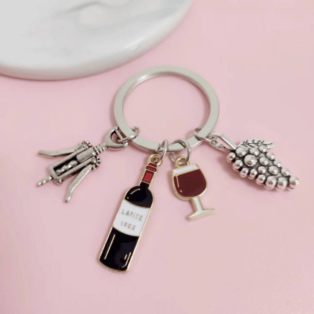 Porte-clés pendentif métallique bouteille verre de vin et grappe de raisin - Argent