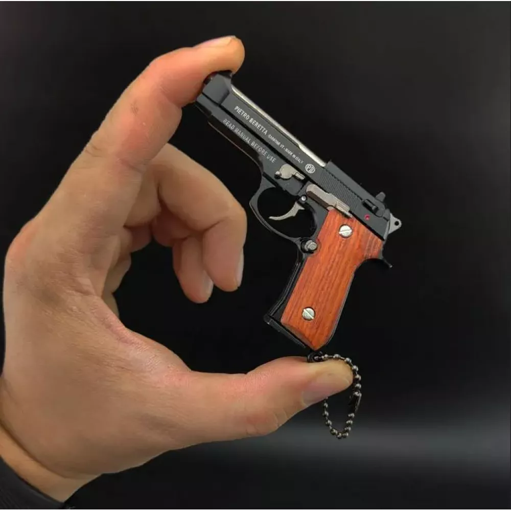 Ultra realistischer Premium Schlüsselanhänger Pistole Beretta mit Echtholzgriff (Farbe zufällig)